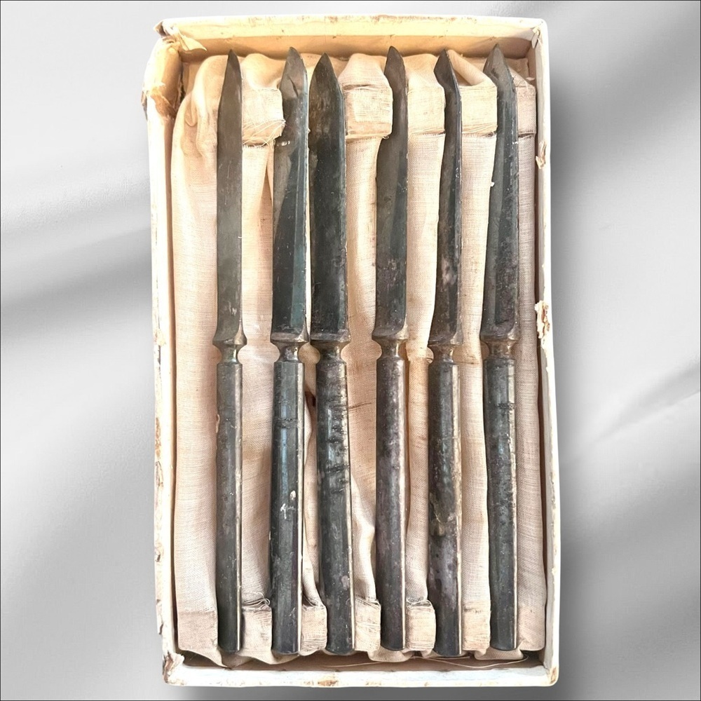 VTG Rogers & Hamilton Silver Plate Fruit Knives Stainless Steel 6 pc Orig Box 6”